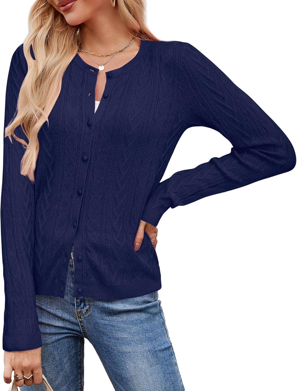 imageArachampCloz Womens Cable Knit Fall Soft Lightweight Sweater Cardigans 2025Navy Blue