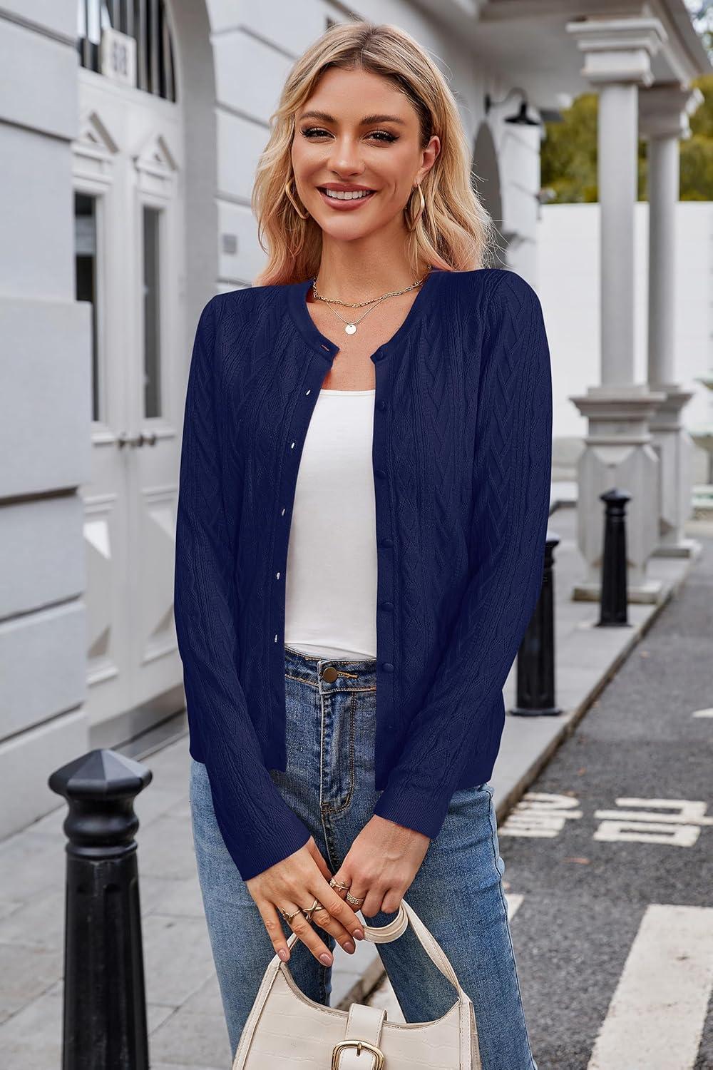 imageArachampCloz Womens Cable Knit Fall Soft Lightweight Sweater Cardigans 2025Navy Blue