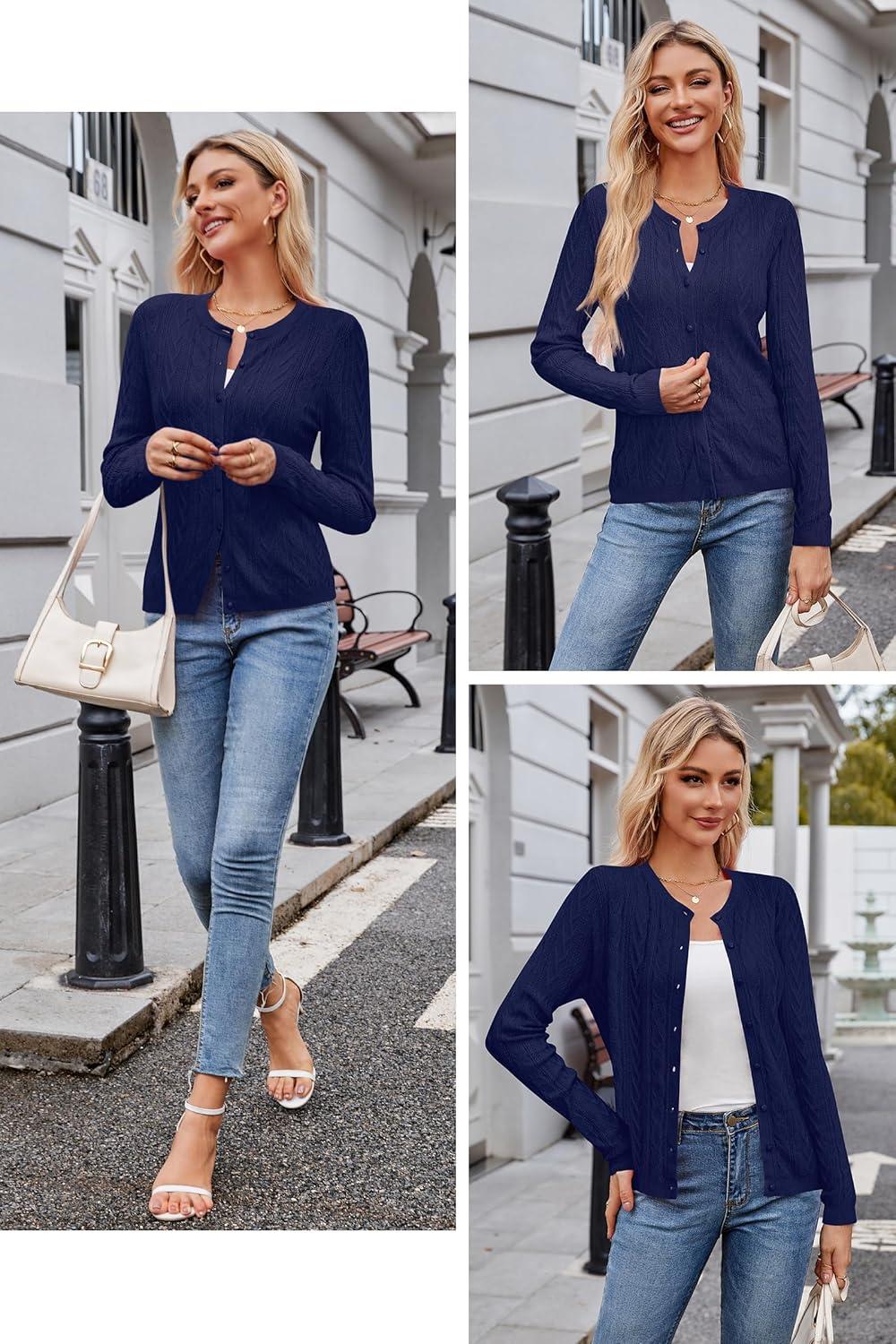 imageArachampCloz Womens Cable Knit Fall Soft Lightweight Sweater Cardigans 2025Navy Blue