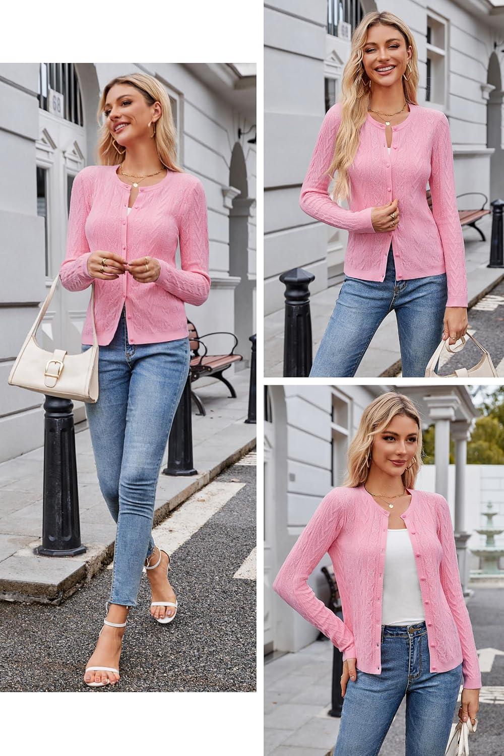 imageArachampCloz Womens Cable Knit Fall Soft Lightweight Sweater Cardigans 2025Pink
