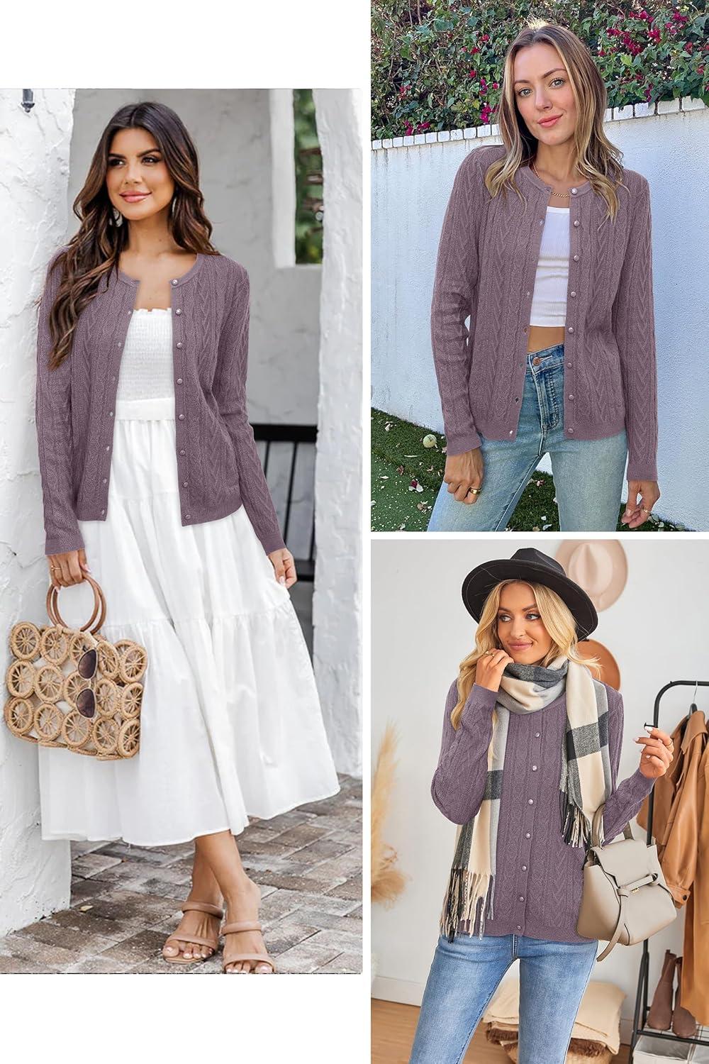 imageArachampCloz Womens Cable Knit Fall Soft Lightweight Sweater Cardigans 2025Purple