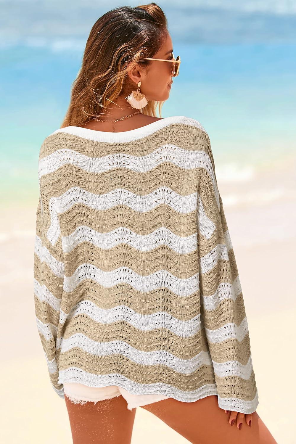 imageArachampCloz Womens Linen Blend Crochet Bell Sleeve Beach Vacation Striped Tops 2026Apricot Stripe