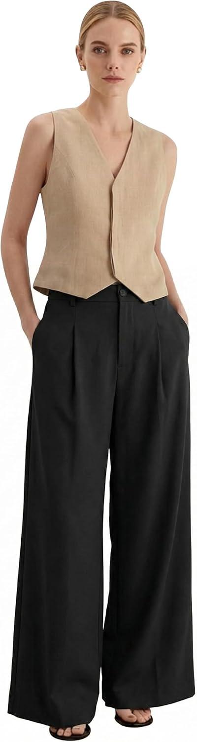 imageArachampCloz Womens Linen Blend Wide Leg AllSeason Business Casual Outfits Dress PantsBlack