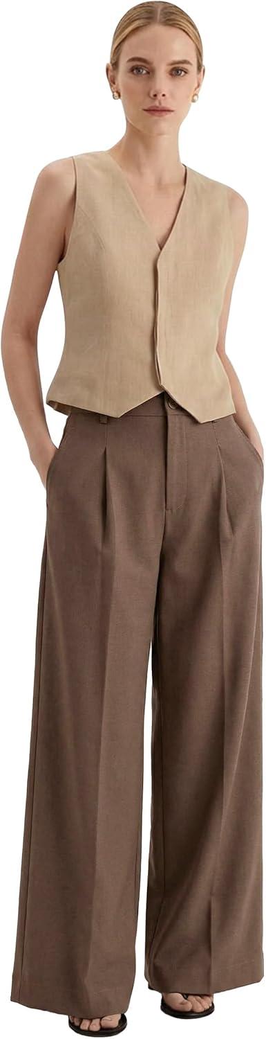 imageArachampCloz Womens Linen Blend Wide Leg AllSeason Business Casual Outfits Dress PantsCoffee