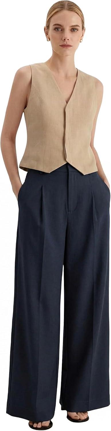 imageArachampCloz Womens Linen Blend Wide Leg AllSeason Business Casual Outfits Dress PantsNavy