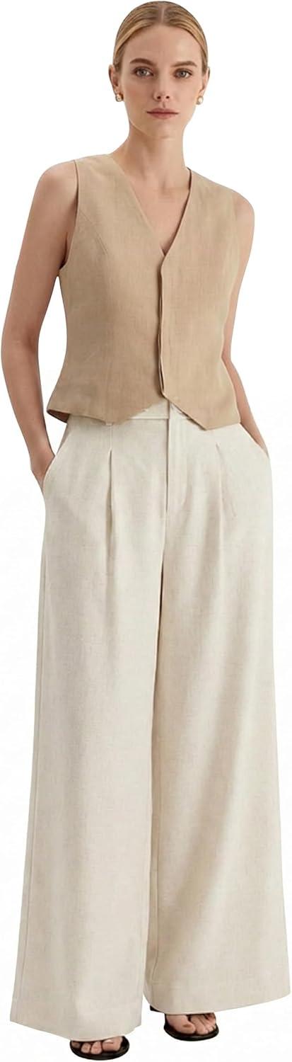 imageArachampCloz Womens Linen Blend Wide Leg AllSeason Business Casual Outfits Dress PantsWhite