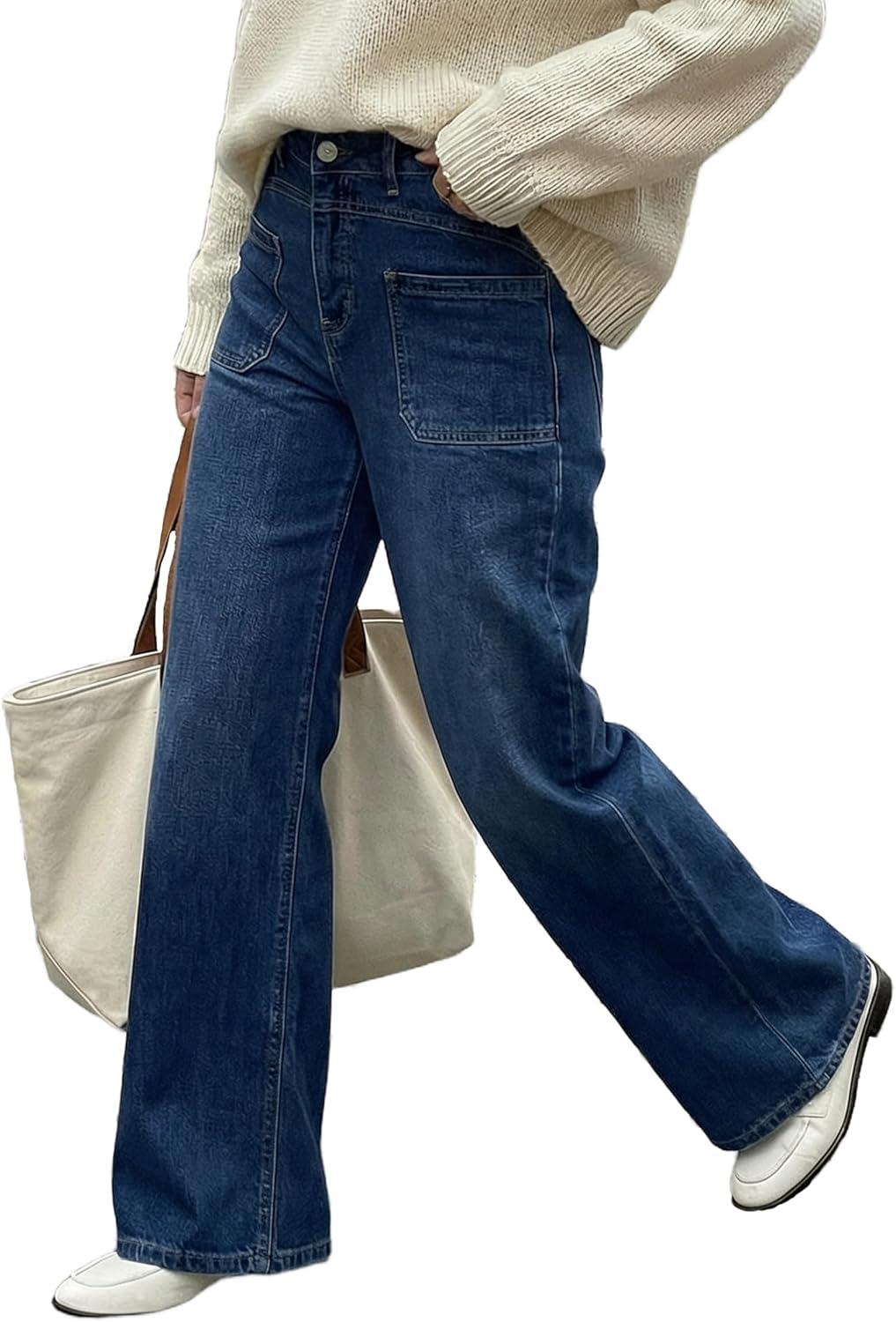imageArachampCloz Womens Lyocell Cotton Denim Adjustable Waist Stretchy Spring Wide Leg JeansDark Blue