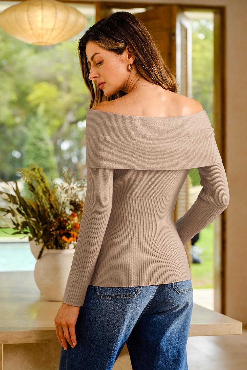 imageArachampCloz Womens Wool Blend Slim Fit Off The Shoulder Fall Sweater 2025Khaki