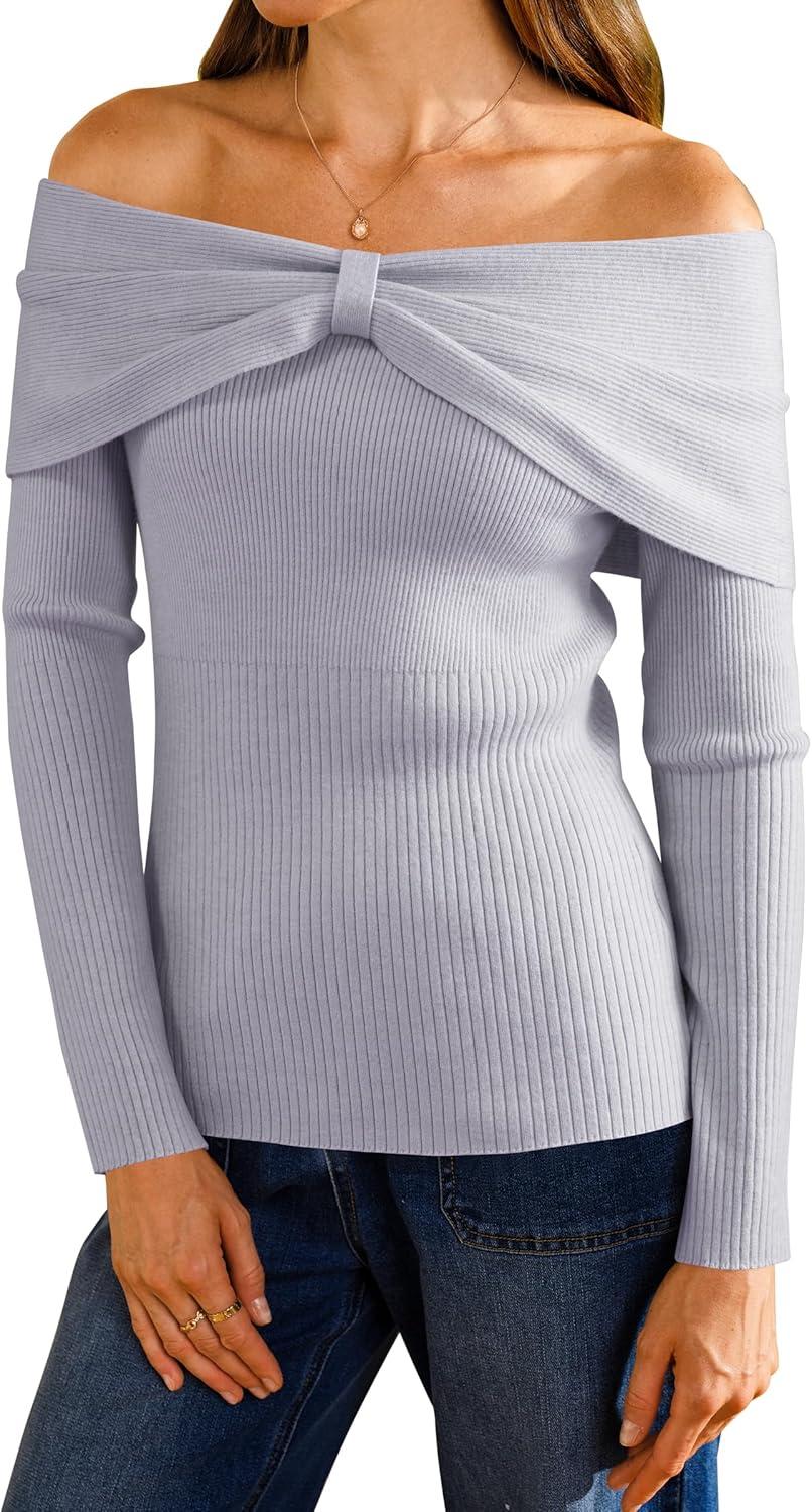 imageArachampCloz Womens Wool Blend Slim Fit Off The Shoulder Fall Sweater 2025Light Gray