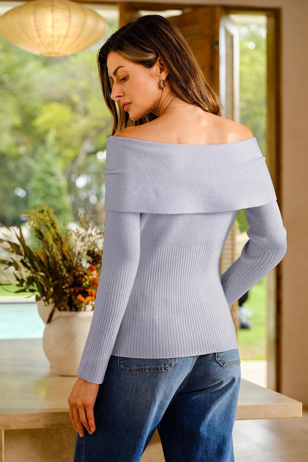 imageArachampCloz Womens Wool Blend Slim Fit Off The Shoulder Fall Sweater 2025Light Gray
