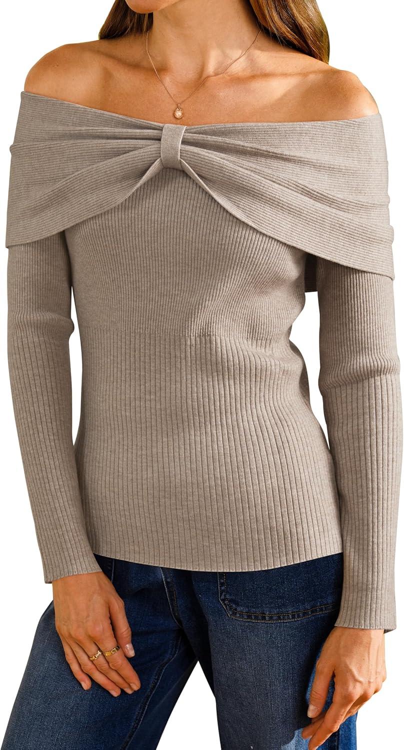 imageArachampCloz Womens Wool Blend Slim Fit Off The Shoulder Fall Sweater 2025Oatmeal Coffee