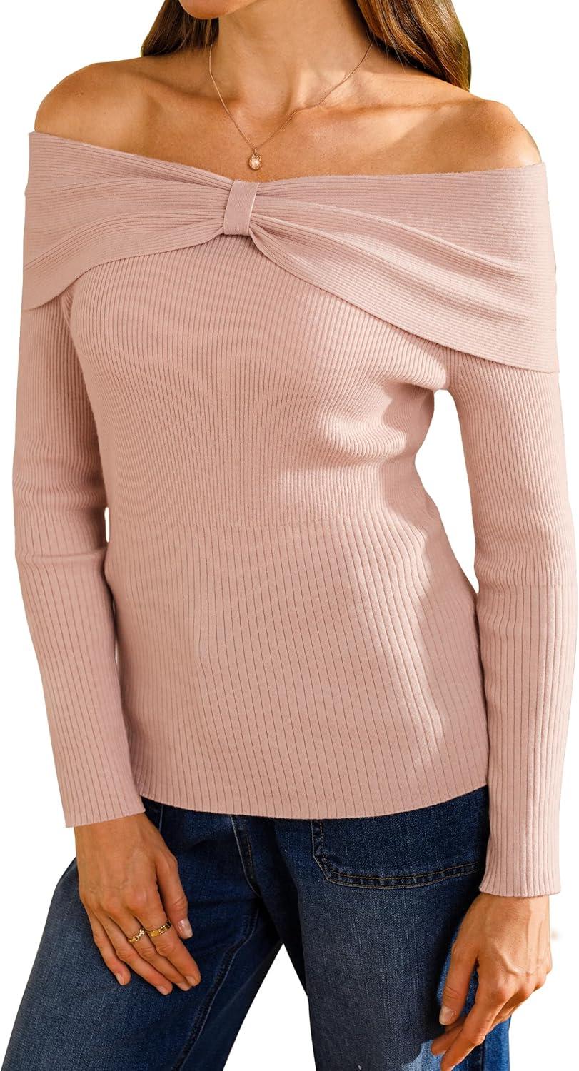 imageArachampCloz Womens Wool Blend Slim Fit Off The Shoulder Fall Sweater 2025Pale Pink