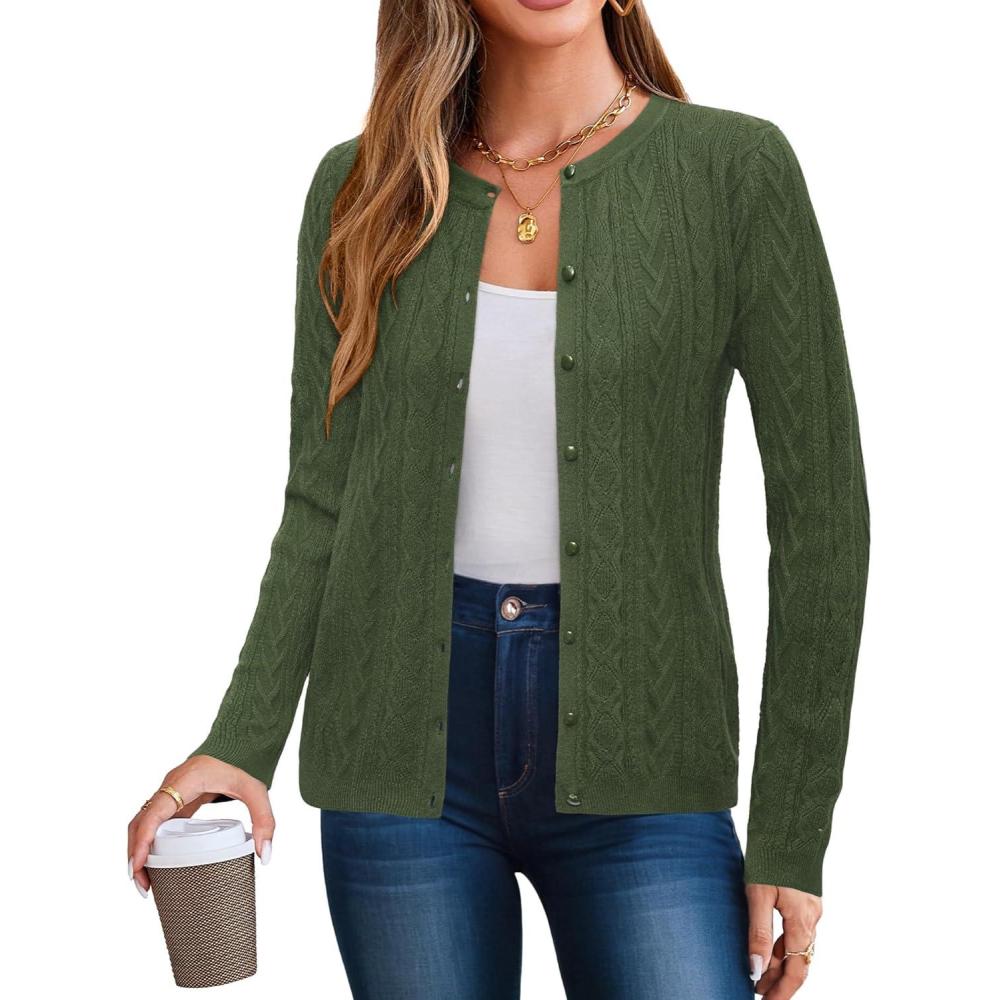 imageArachampCloz Womens Cable Knit Fall Soft Lightweight Sweater Cardigans 2025Army Green