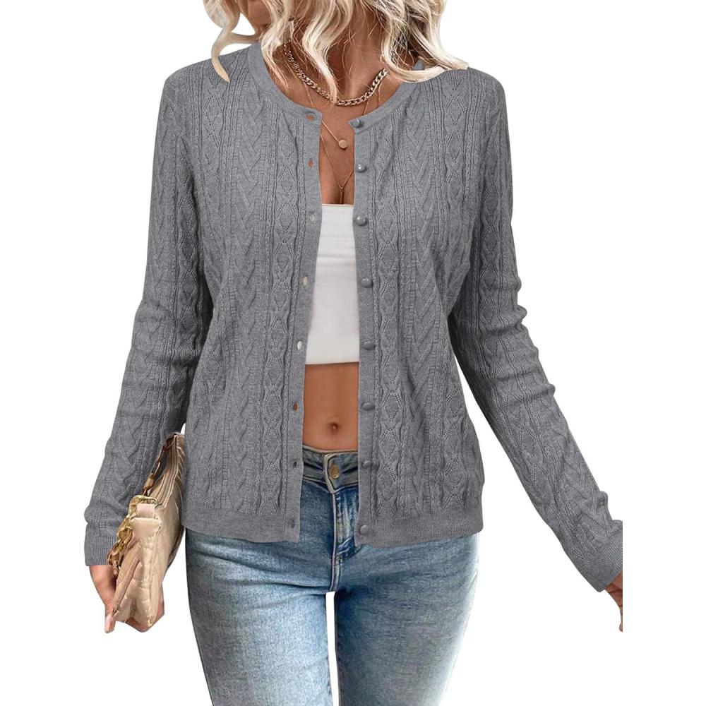 imageArachampCloz Womens Cable Knit Fall Soft Lightweight Sweater Cardigans 2025Grey Heather