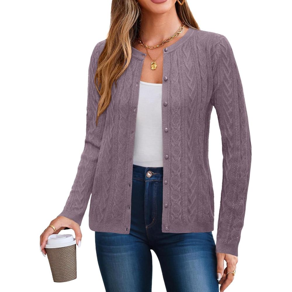 imageArachampCloz Womens Cable Knit Fall Soft Lightweight Sweater Cardigans 2025Purple