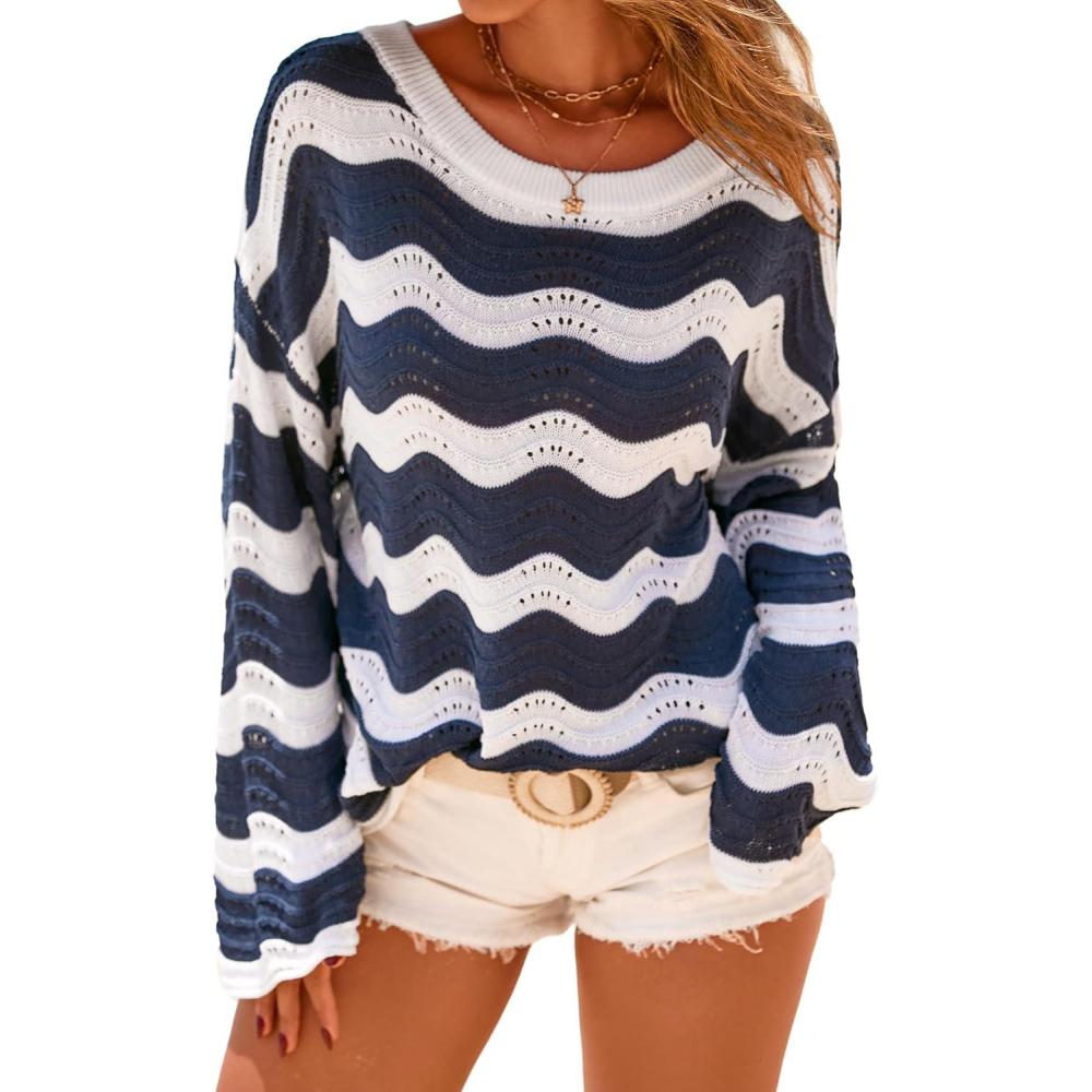 imageArachampCloz Womens Linen Blend Crochet Bell Sleeve Beach Vacation Striped Tops 2026Navy Stripe