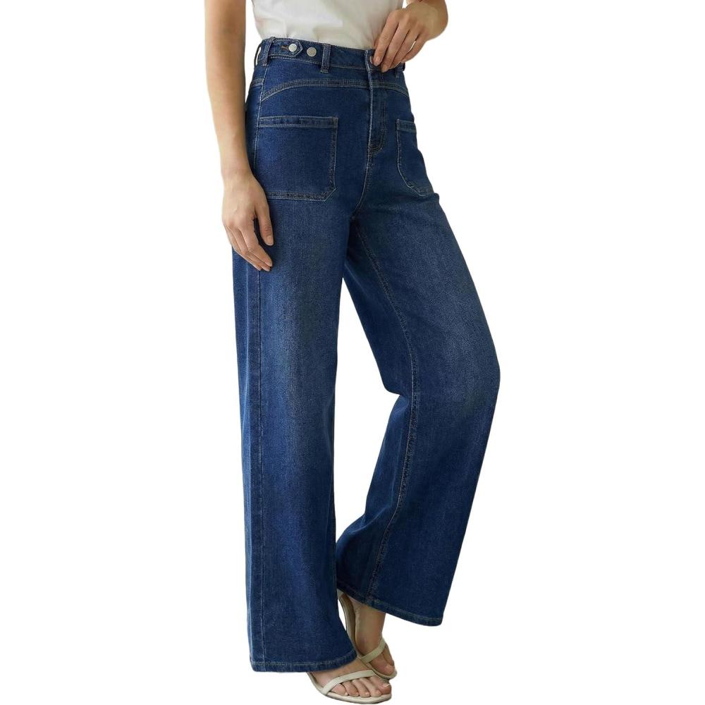 imageArachampCloz Womens Lyocell Cotton Denim Adjustable Waist Stretchy Spring Wide Leg JeansDark Blue
