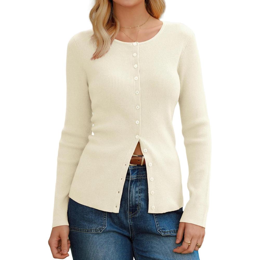 imageArachampCloz Womens Wool Blend Button Up Spring Business Cardigan Tops Outfits 2026White