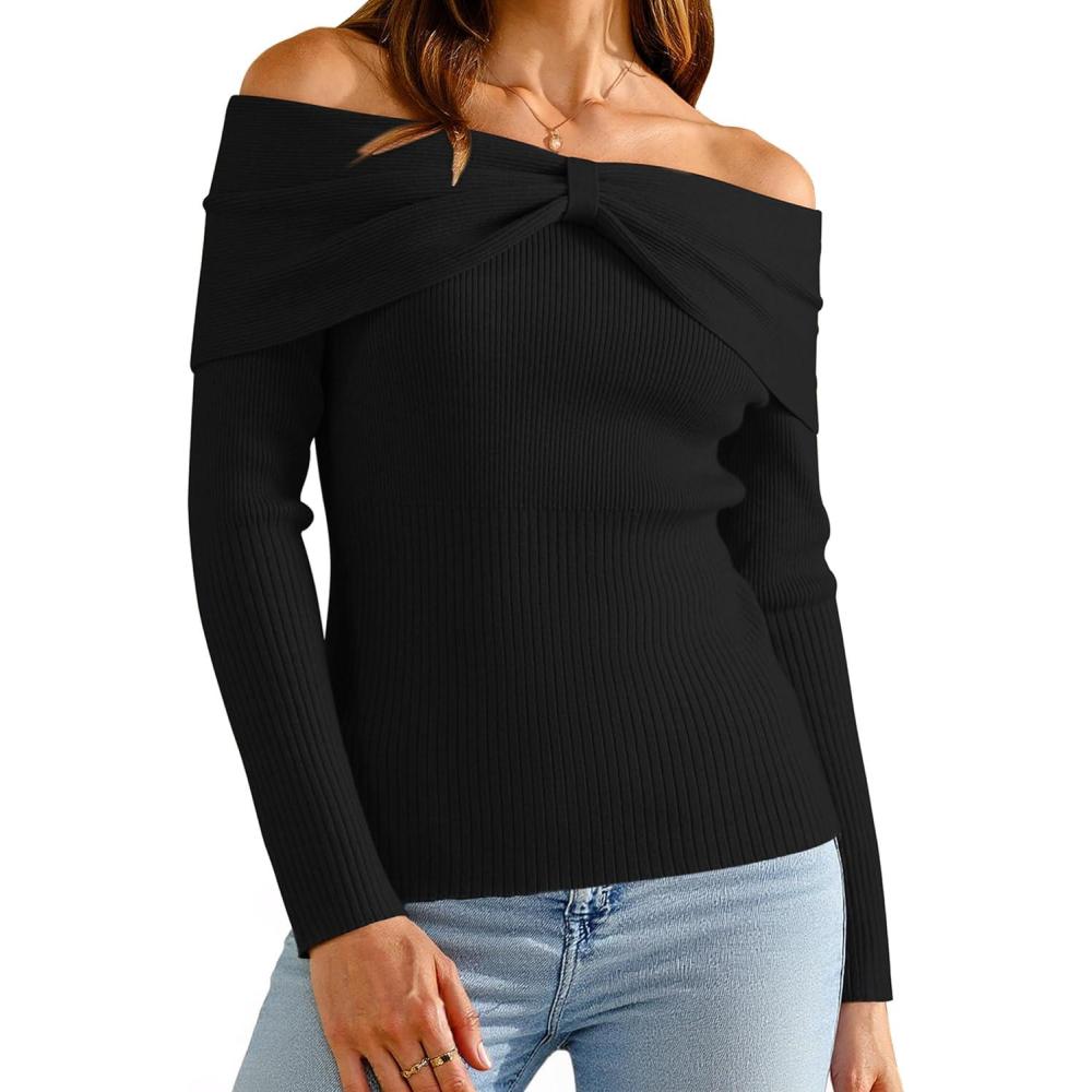 imageArachampCloz Womens Wool Blend Slim Fit Off The Shoulder Fall Sweater 2025Black