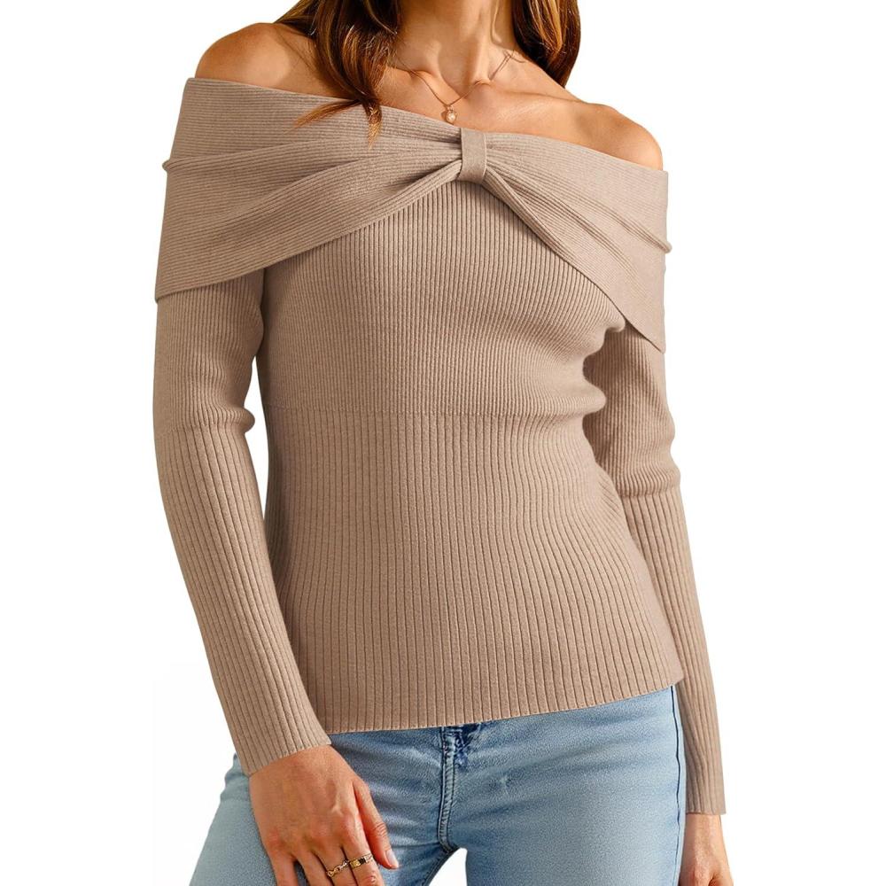 imageArachampCloz Womens Wool Blend Slim Fit Off The Shoulder Fall Sweater 2025Khaki