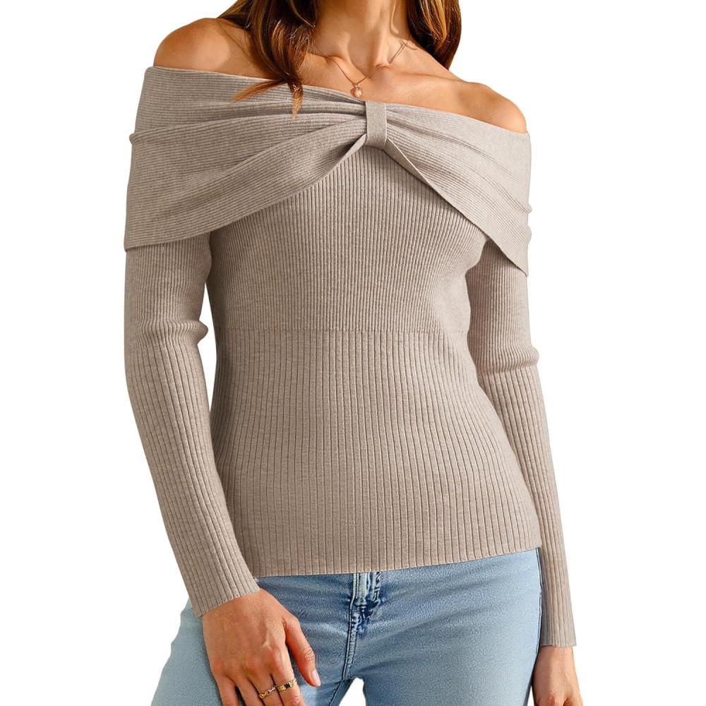 imageArachampCloz Womens Wool Blend Slim Fit Off The Shoulder Fall Sweater 2025Oatmeal Coffee