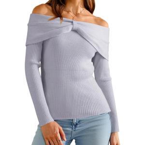 Arach&Cloz Women’s Wool Blend Slim Fit Off The Shoulder Fall Sweater 2025(Light Gray)