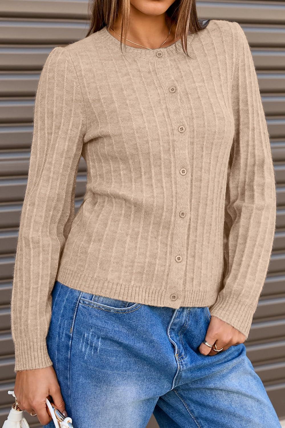 imageArachampCloz Womens Wool Blend Puff Sleeve Fall Cable Knit Cardigan Sweaters 2025Camel