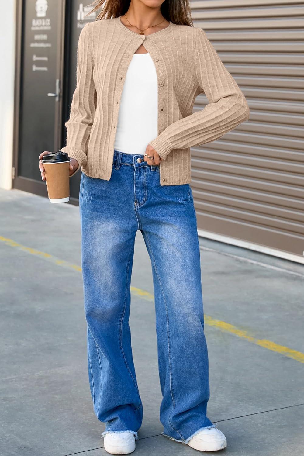imageArachampCloz Womens Wool Blend Puff Sleeve Fall Cable Knit Cardigan Sweaters 2025Camel