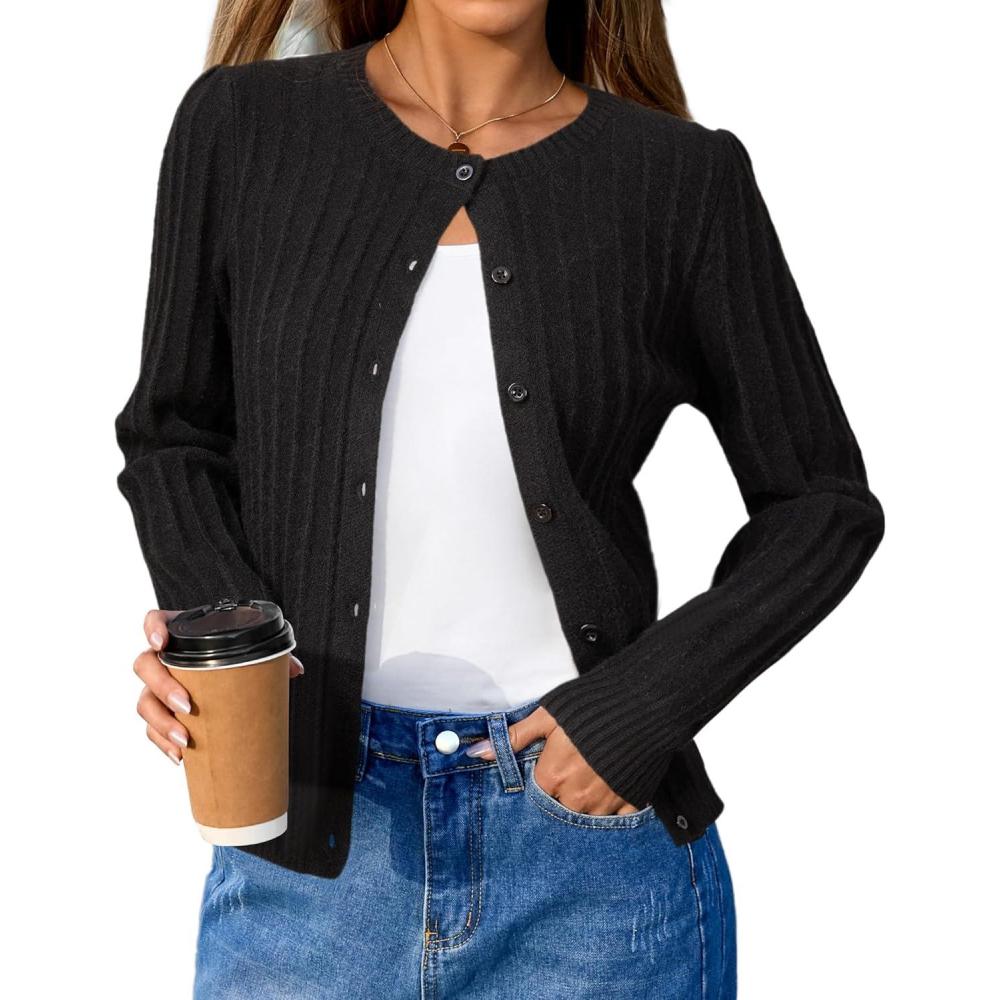 imageArachampCloz Womens Wool Blend Puff Sleeve Fall Cable Knit Cardigan Sweaters 2025Black