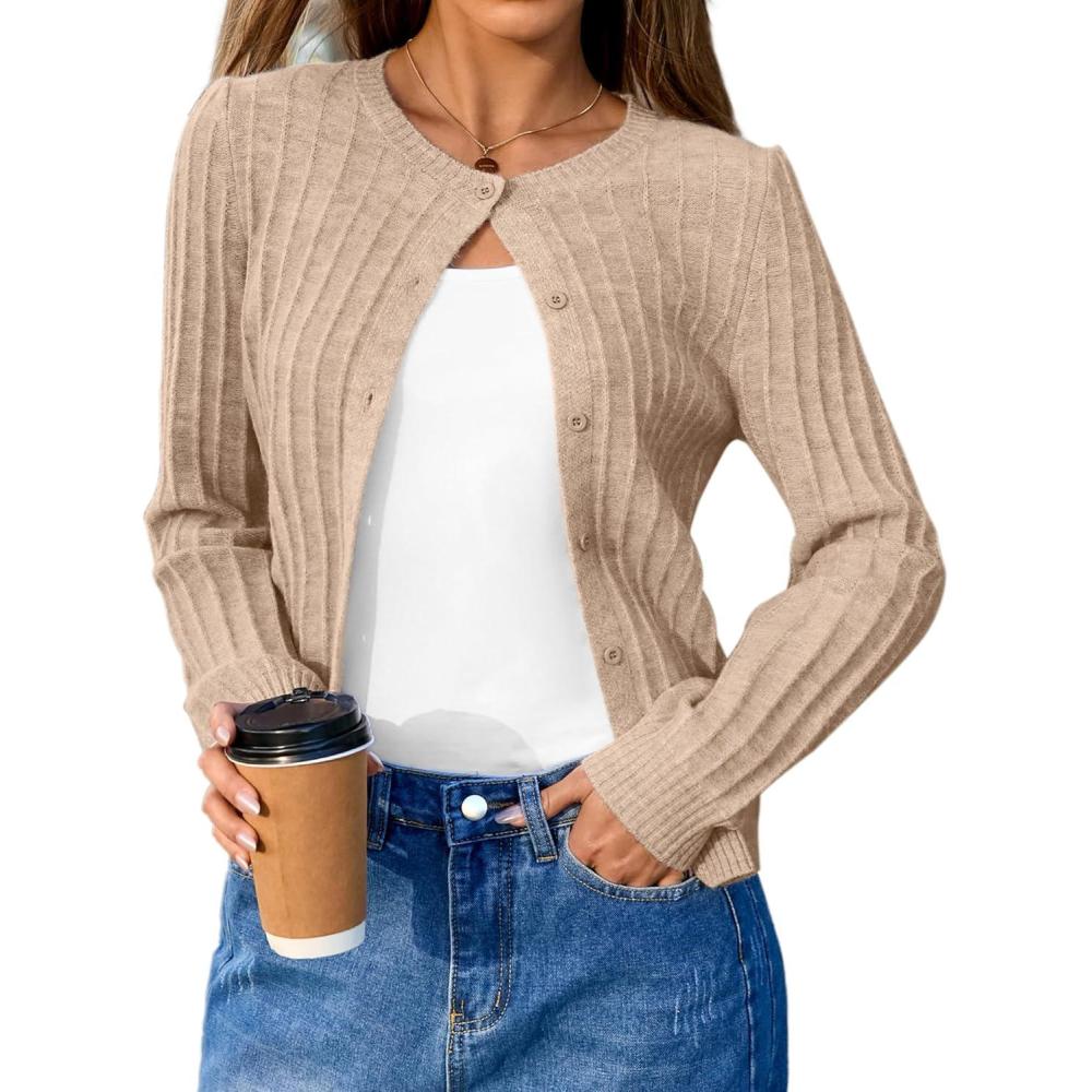 imageArachampCloz Womens Wool Blend Puff Sleeve Fall Cable Knit Cardigan Sweaters 2025Camel