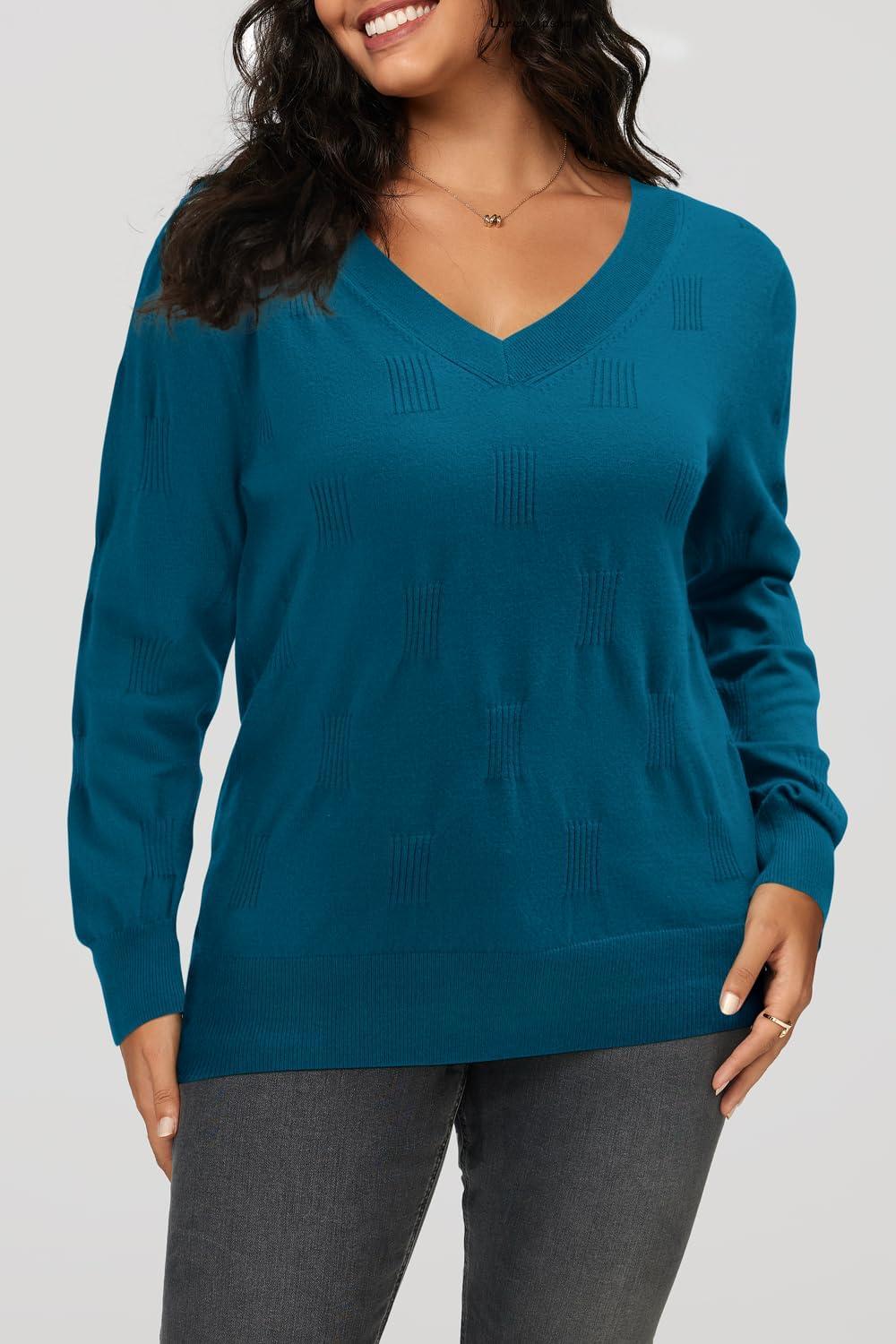 imageArachampCloz Womens Soft V Neck Long Sleeve Fall Casual Regular Fit Sweater TopsPeacock Blue