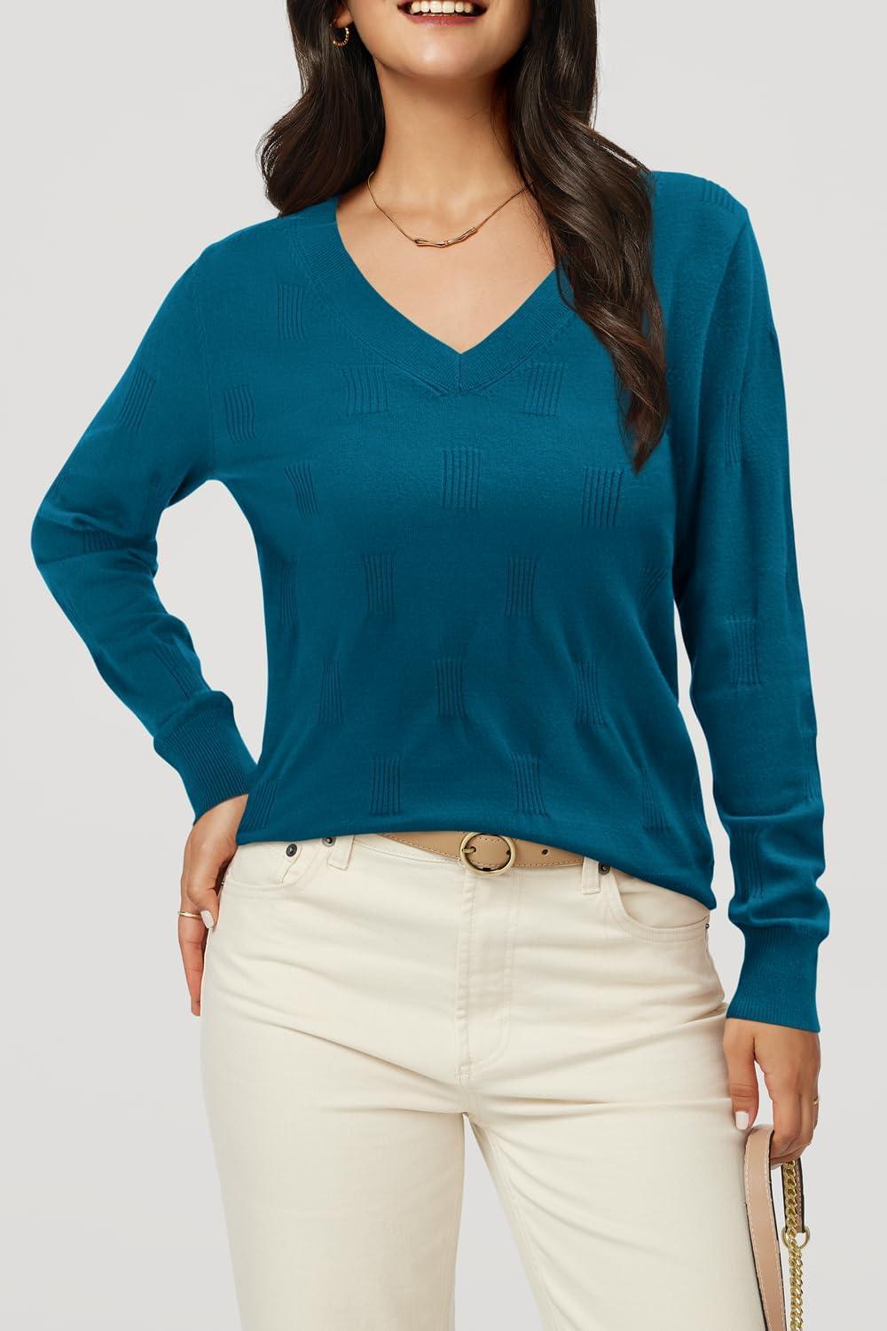 imageArachampCloz Womens Soft V Neck Long Sleeve Fall Casual Regular Fit Sweater TopsPeacock Blue