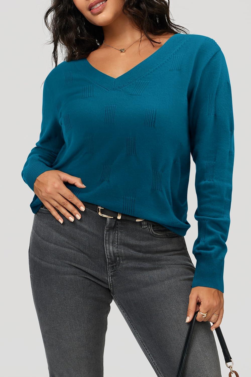imageArachampCloz Womens Soft V Neck Long Sleeve Fall Casual Regular Fit Sweater TopsPeacock Blue