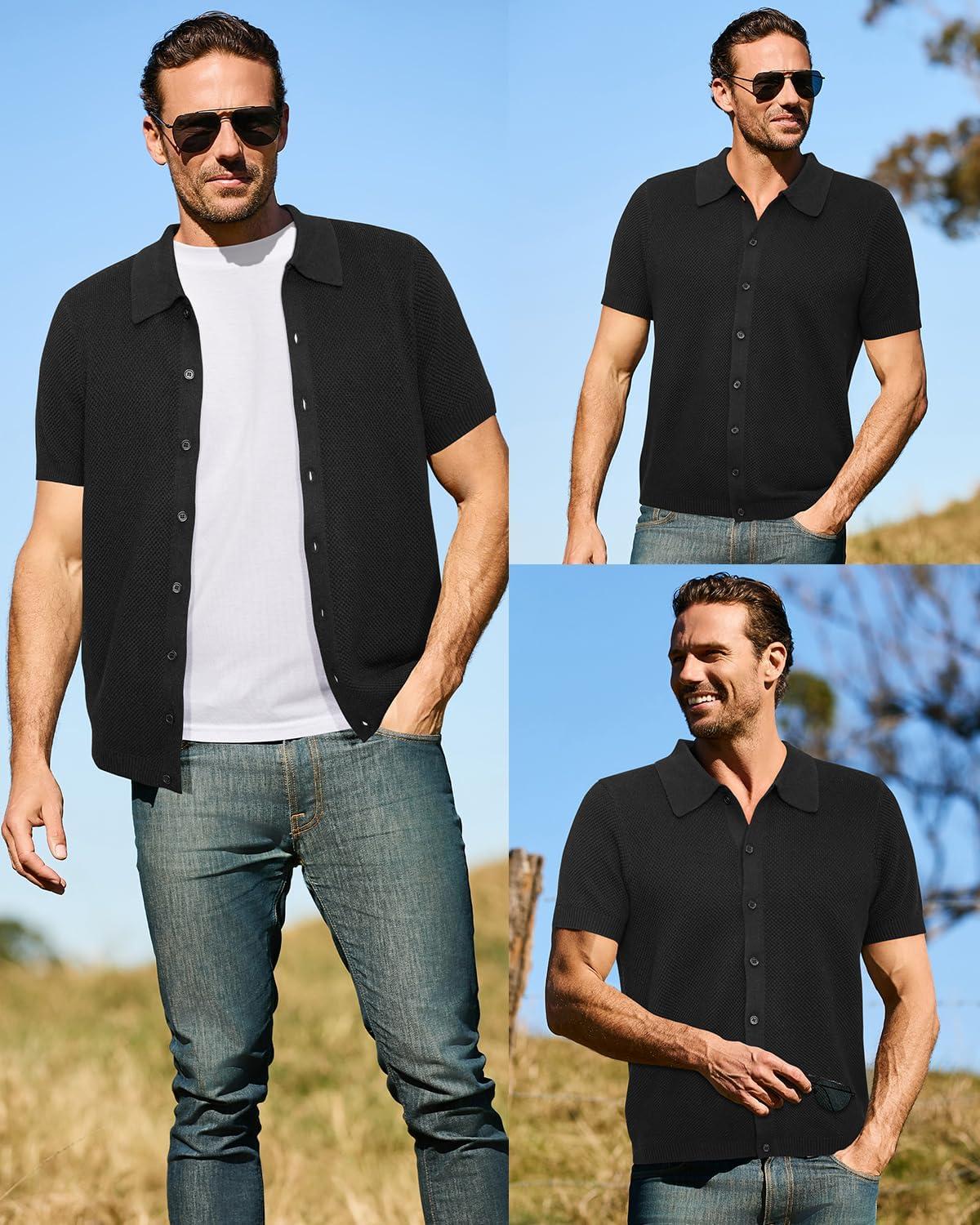 imageArachampCloz Mens Wool Blended Button Down Shirt Short Sleeve Knit 2025 Summer Fashion Dress Shirts Casual Business GolfBlack