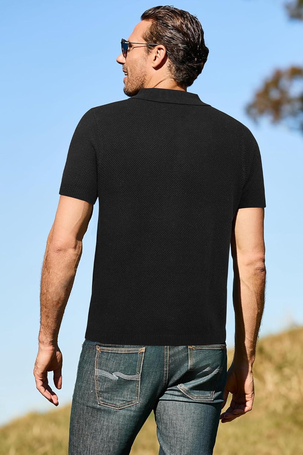 imageArachampCloz Mens Wool Blended Button Down Shirt Short Sleeve Knit 2025 Summer Fashion Dress Shirts Casual Business GolfBlack