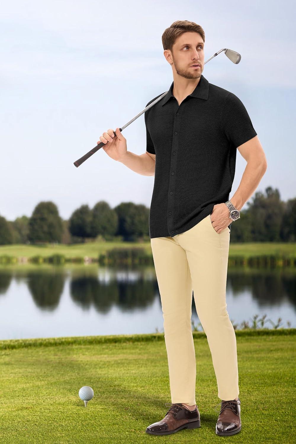 imageArachampCloz Mens Wool Blended Button Down Shirt Short Sleeve Knit 2025 Summer Fashion Dress Shirts Casual Business GolfBlack
