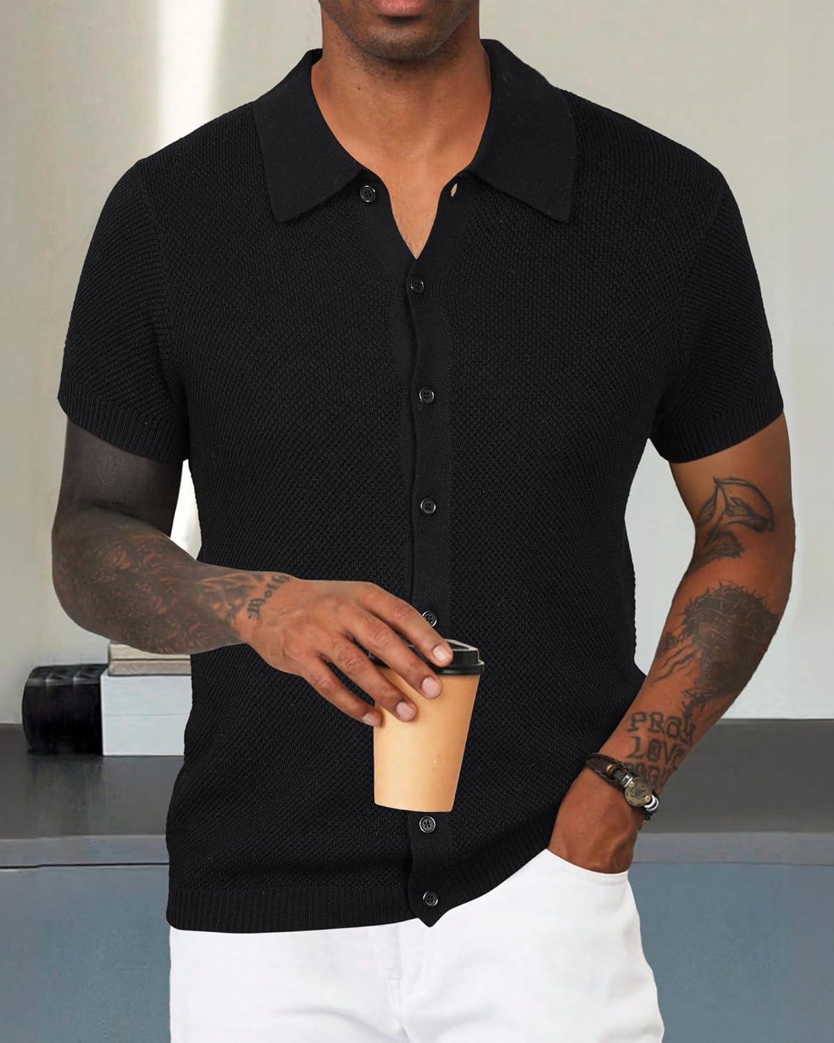 imageArachampCloz Mens Wool Blended Button Down Shirt Short Sleeve Knit 2025 Summer Fashion Dress Shirts Casual Business GolfBlack