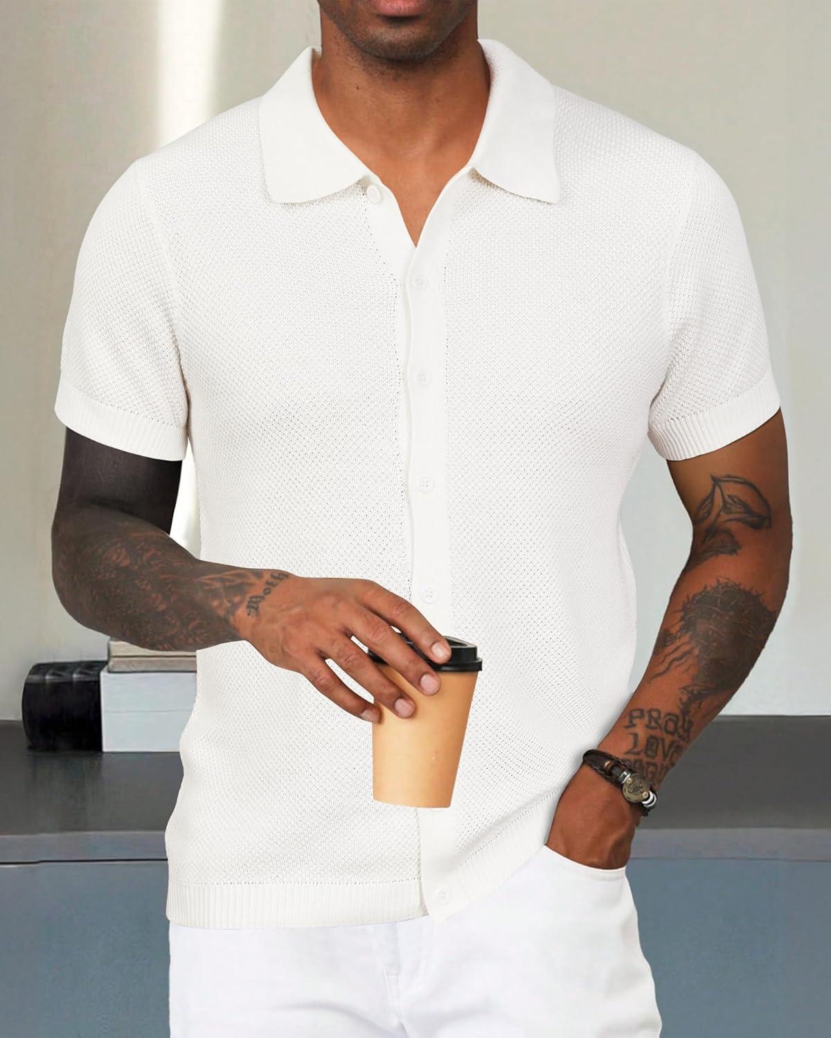 imageArachampCloz Mens Wool Blended Button Down Shirt Short Sleeve Knit 2025 Summer Fashion Dress Shirts Casual Business GolfWhite