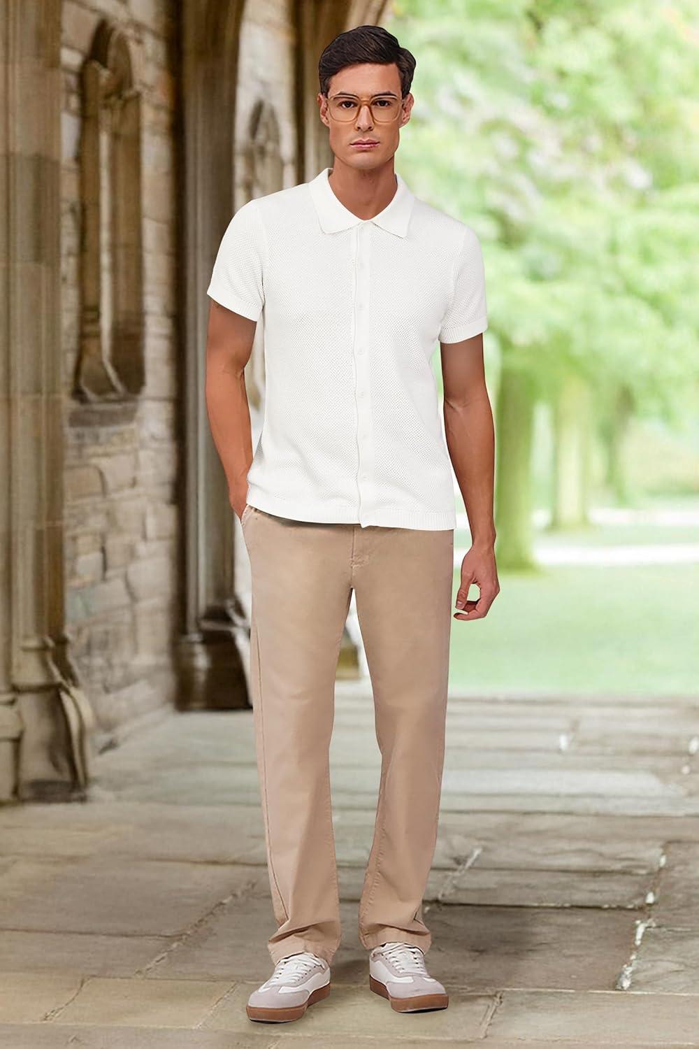 imageArachampCloz Mens Wool Blended Button Down Shirt Short Sleeve Knit 2025 Summer Fashion Dress Shirts Casual Business GolfWhite