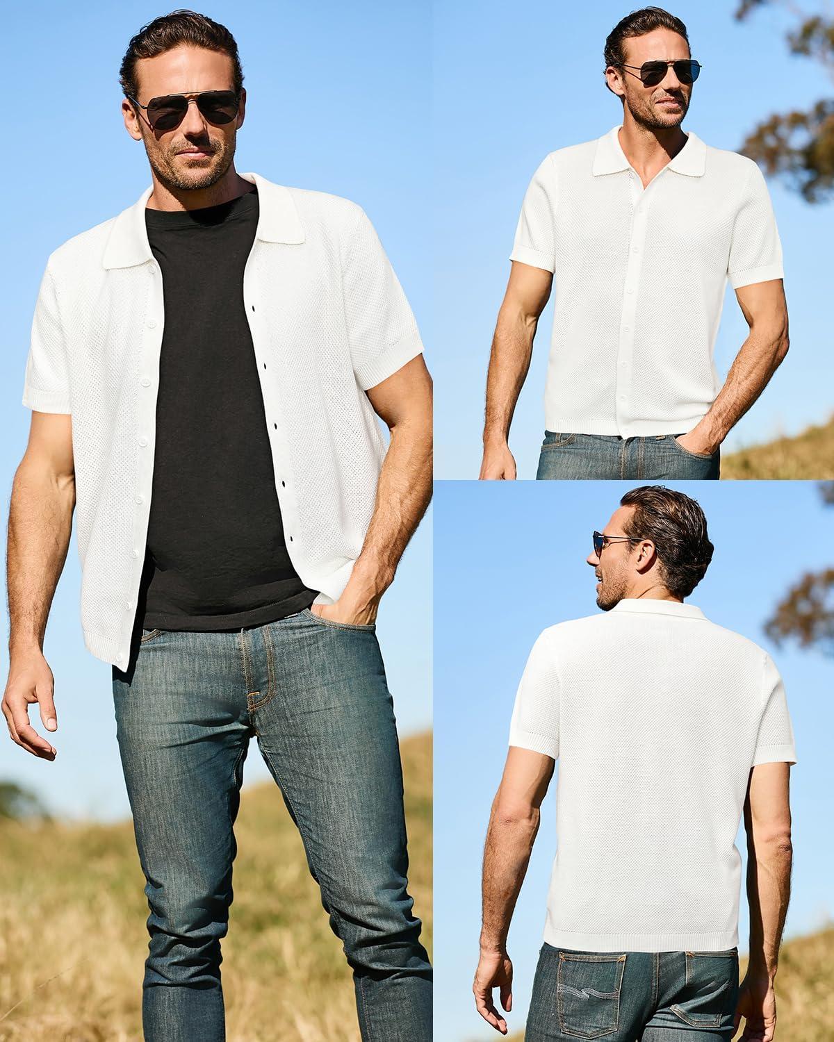 imageArachampCloz Mens Wool Blended Button Down Shirt Short Sleeve Knit 2025 Summer Fashion Dress Shirts Casual Business GolfWhite