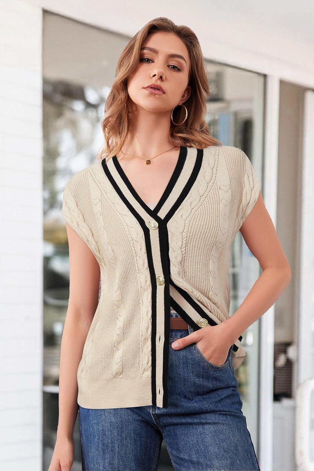 imageArachampCloz Summer Sweater Vest Women Spring Cap Sleeve V Neck Striped Button Casual Cardigan Sweater Knit Tank Tops 2025Apricotblack