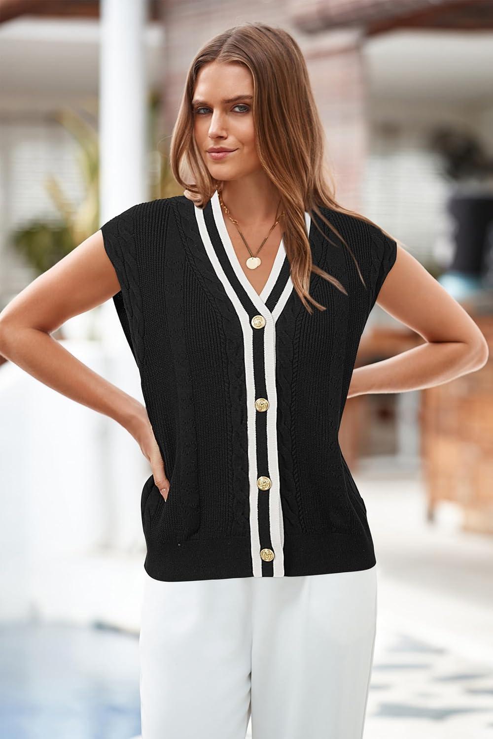 imageArachampCloz Summer Sweater Vest Women Spring Cap Sleeve V Neck Striped Button Casual Cardigan Sweater Knit Tank Tops 2025Blackwhite