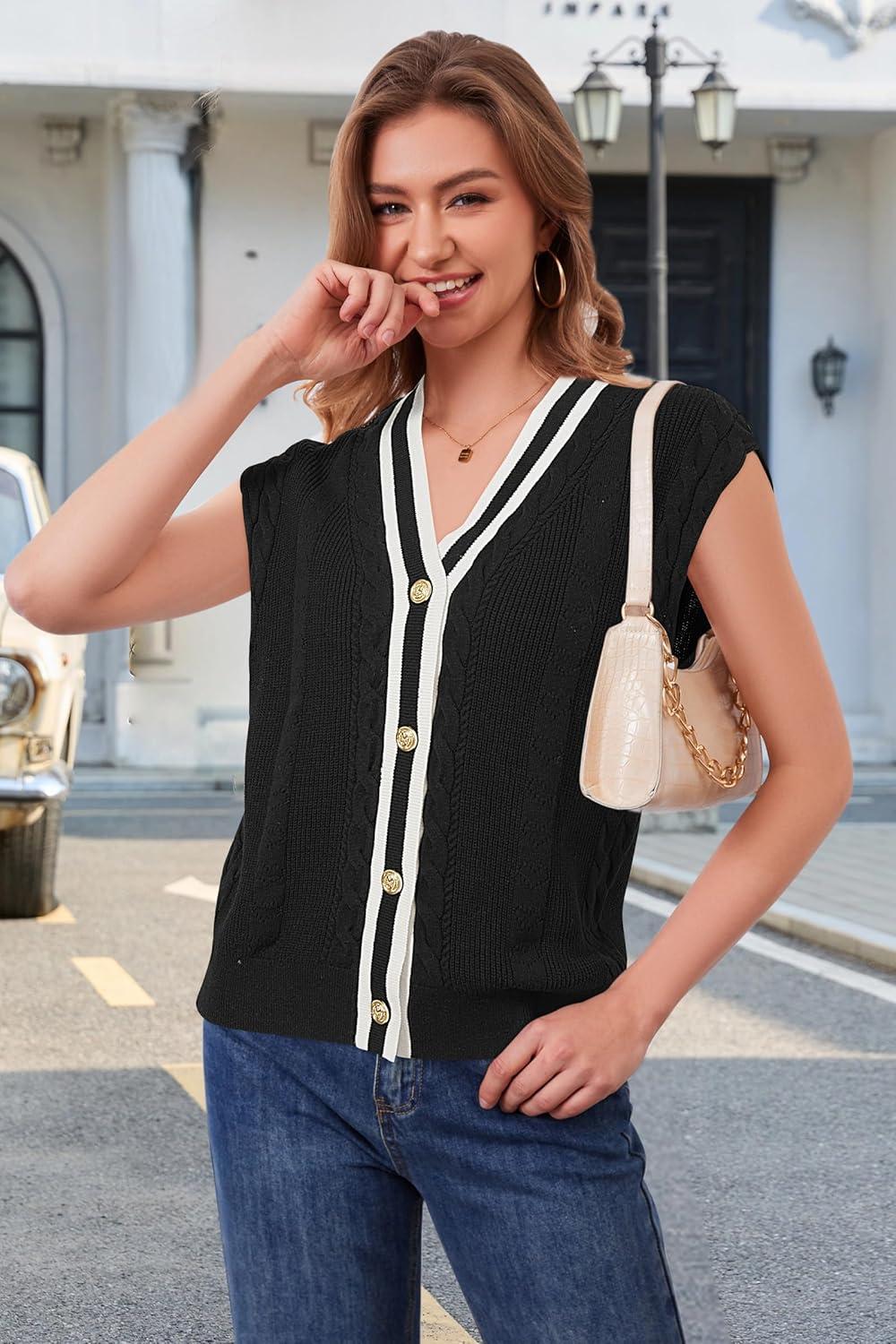 imageArachampCloz Summer Sweater Vest Women Spring Cap Sleeve V Neck Striped Button Casual Cardigan Sweater Knit Tank Tops 2025Blackwhite