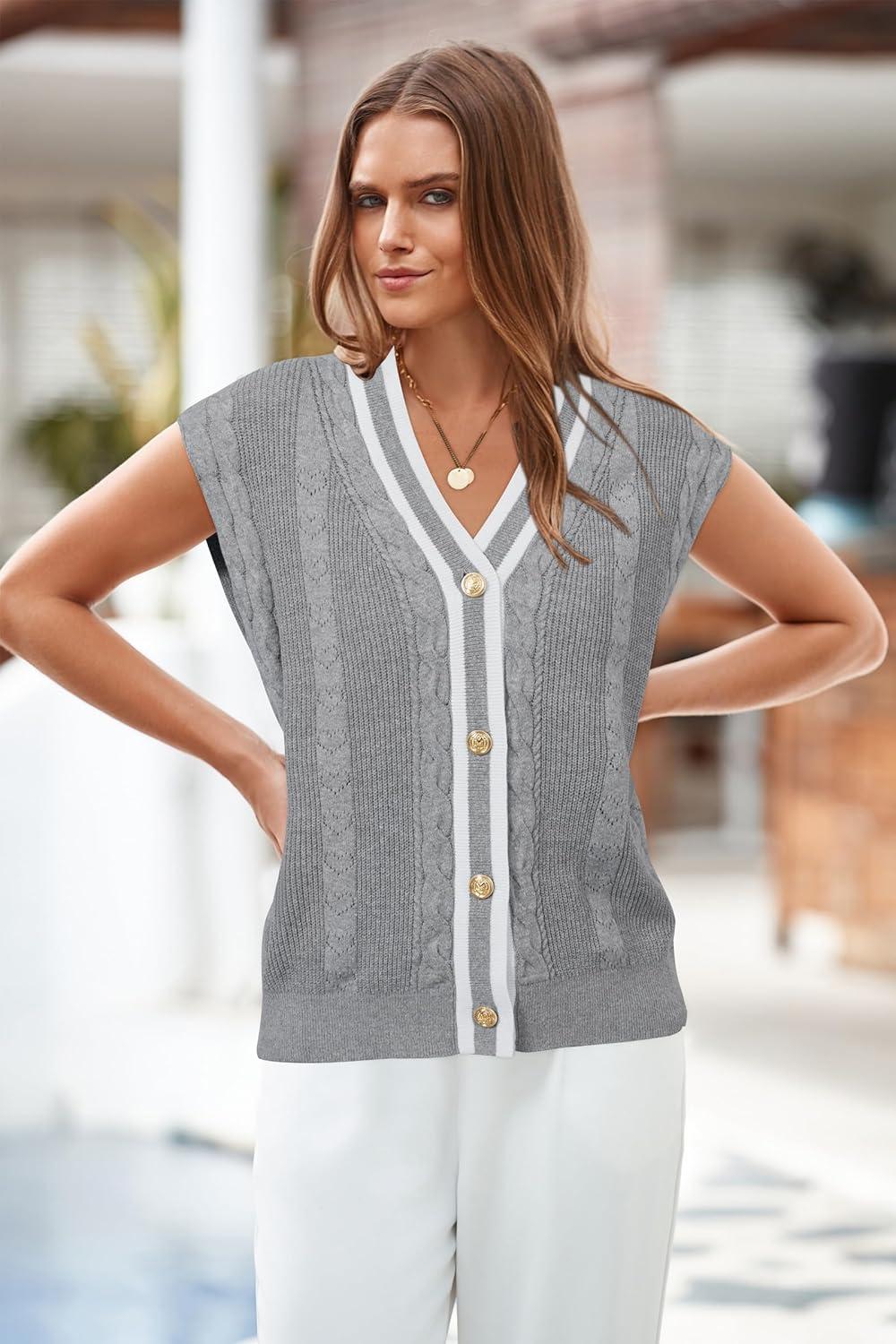 imageArachampCloz Summer Sweater Vest Women Spring Cap Sleeve V Neck Striped Button Casual Cardigan Sweater Knit Tank Tops 2025Greywhite