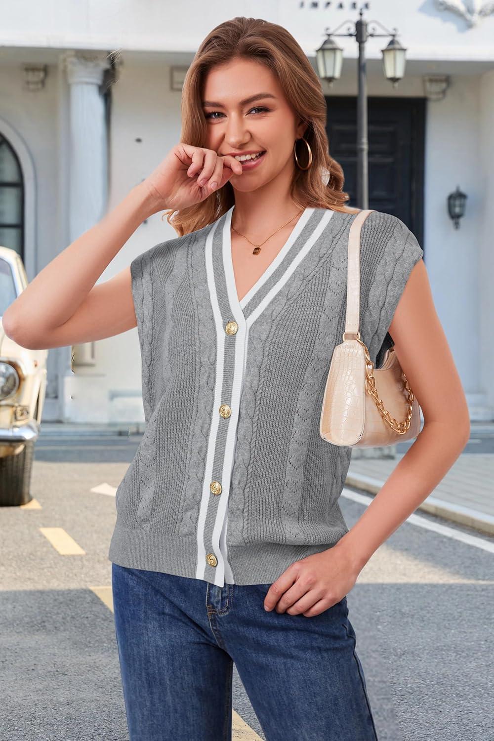 imageArachampCloz Summer Sweater Vest Women Spring Cap Sleeve V Neck Striped Button Casual Cardigan Sweater Knit Tank Tops 2025Greywhite