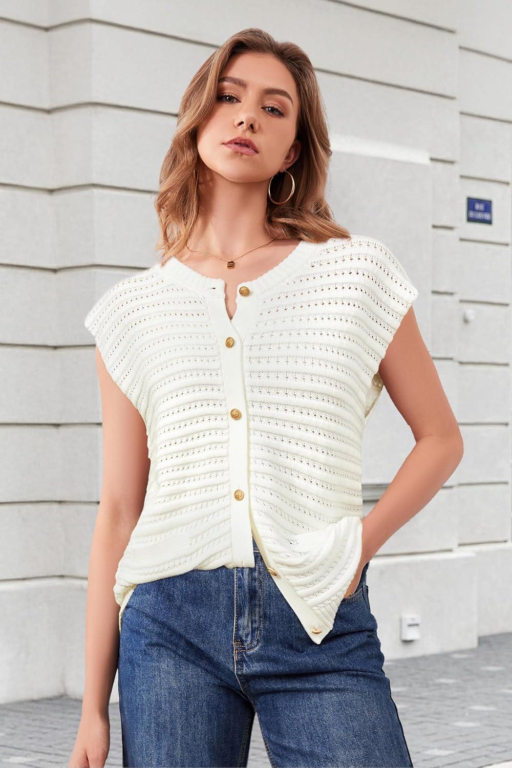 imageArachampCloz Women Cap Sleeve Sweater Vest 2025 Summer Crochet Button Down Knit Cardigan Loose Business Casual Tops TrendyWhite