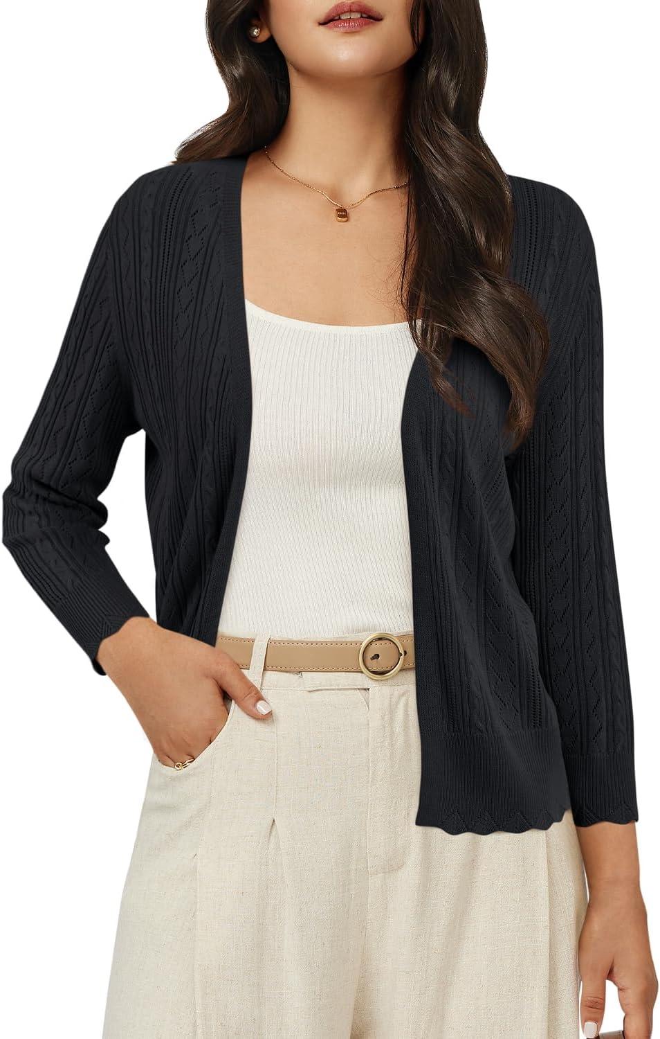 imageArachampCloz Womens 2024 Lightweight Summer Cardigan 34 Sleeve Crochet Patterns Knit Shrug Sweater TopsBlack