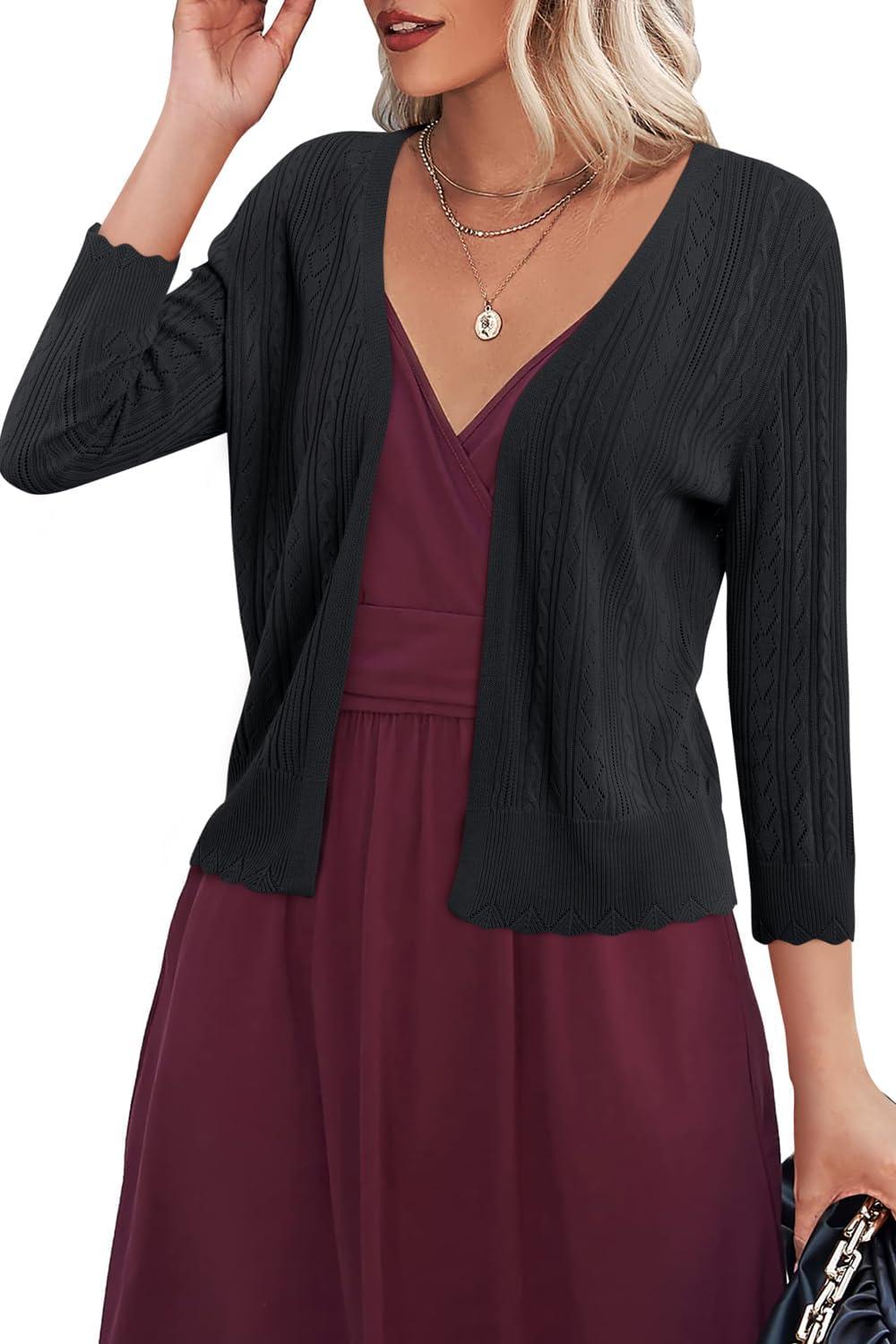 imageArachampCloz Womens 2024 Lightweight Summer Cardigan 34 Sleeve Crochet Patterns Knit Shrug Sweater TopsBlack