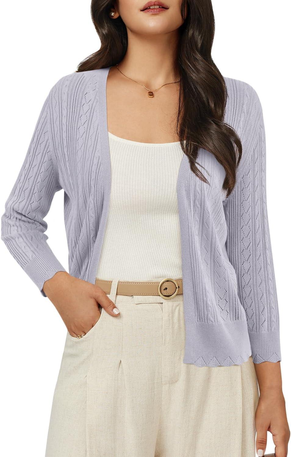 imageArachampCloz Womens 2024 Lightweight Summer Cardigan 34 Sleeve Crochet Patterns Knit Shrug Sweater TopsGrey