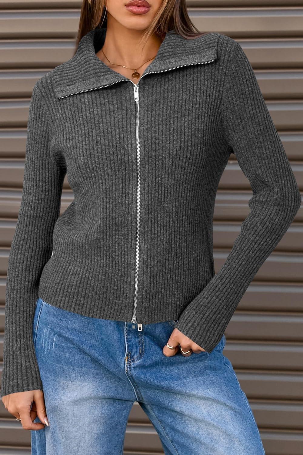imageArachampCloz Womens Cardigan Sweaters 2025 Wool Blend Zip Up Long Sleeve Lapel V Neck Business Casual Outfits Dark Gray M